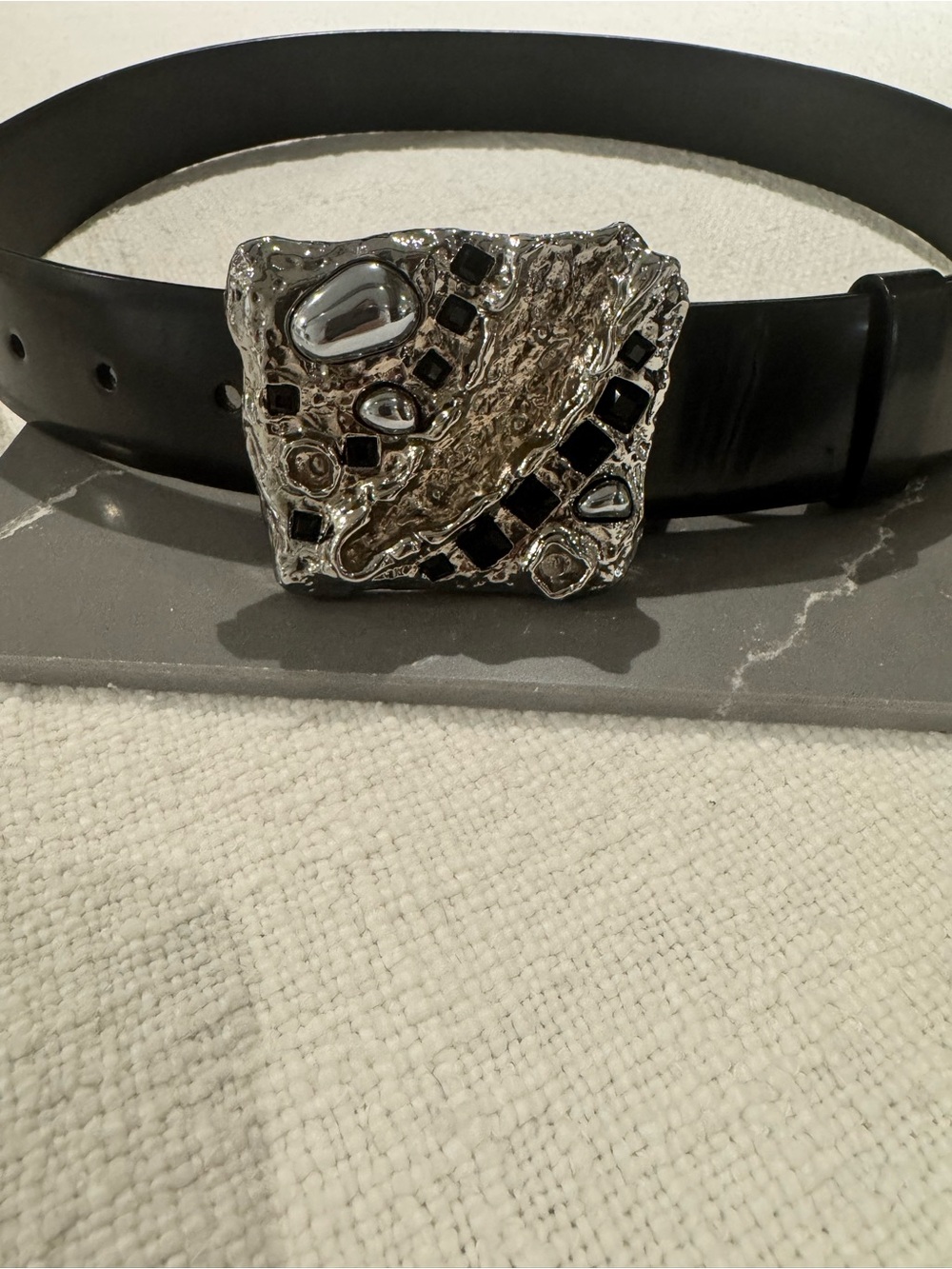 Prada spazzolato leather belt metallic polished steel / inlay of precious stone